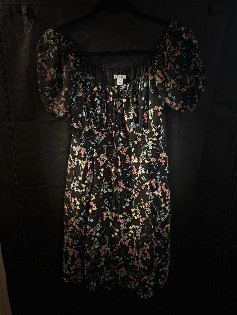 Mi Ami Black Floral Puff Sleeve Mini Dress Size S